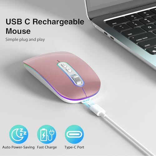 Cimetech Dual Mode (Bt 5.1+2.4G) Wireless Mouse For Laptop, 1200 Dpi Portable Lightweight Rechargeable Mouse With Led Lights, Compatible With Mac Os/Windows/Chrome Os - Rosegold