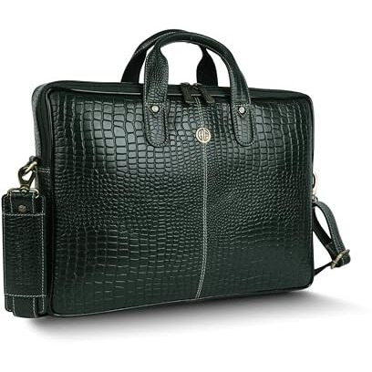 Hammonds Flycatcher Genuine Leather Office Bag For Men - 15.6 Inch Laptop Bag For Men For Professionals, Business Travelers - Adjustable Straps & Multiple Compartments - 1 Year Warranty - Croc Green