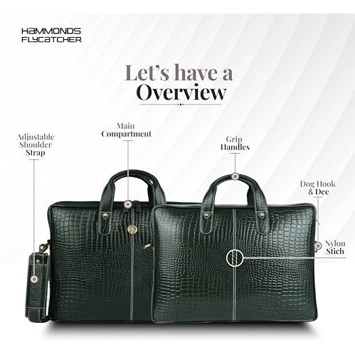 Hammonds Flycatcher Genuine Leather Office Bag For Men - 15.6 Inch Laptop Bag For Men For Professionals, Business Travelers - Adjustable Straps & Multiple Compartments - 1 Year Warranty - Croc Green