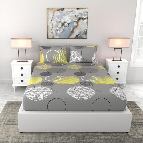 Loreto - A Quality Linen Brand 100% Cotton Bedsheet For Double Bed, 1 Double Bedsheet With 2 Pillow Covers | 144 Tc Queen Size Double Bedsheet Cotton, Geometric (Grey & Yellow)