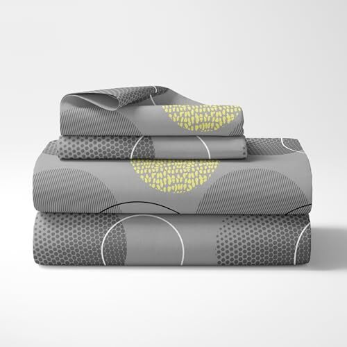 Loreto - A Quality Linen Brand 100% Cotton Bedsheet For Double Bed, 1 Double Bedsheet With 2 Pillow Covers | 144 Tc Queen Size Double Bedsheet Cotton, Geometric (Grey & Yellow)