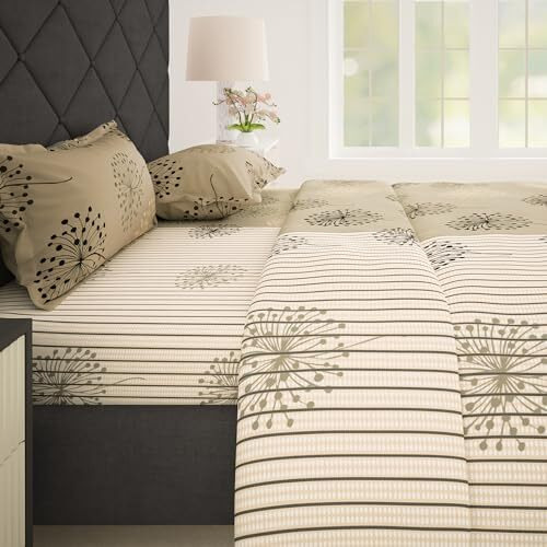 Story@Home Bedsheet For King Size Bed | 186 Tc | Beige | Floral | 1 Piece Cotton Bedsheet For King Size Bed With 2 Pillow Covers (270 X 270 Cm) Perfect For Home Decor & Gifting | Cotton Bedsheet