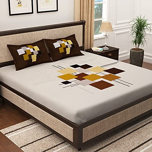 Story@Home Bedsheet For King Size Bed |300Tc | White & Brown | Abstract |1 Piece Cotton Bedsheets For King Size Bed With 2 Pillow Covers (270 X270Cm) Perfect For Home Decor & Gifting | Cotton Bedsheet