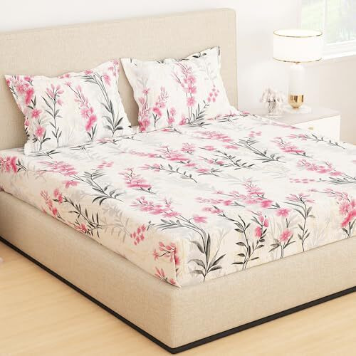 Story@Home 210 Tc Glace Cotton Feel Elastic Bedsheets For Queen Size Bed Fitted Bedsheet Fits 72" X 60" Mattress All Around Elastic, (Candy Floral Pink)