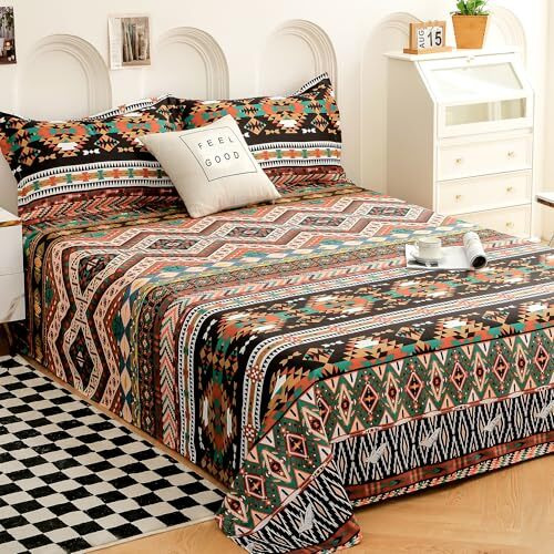 Story@Home Bedsheet For Double Bed King Size 240Tc Satin Finish, Microfiber Bedsheet King Size 270Cm X 270Cm With 2 Pillow Covers, Beige & Black Aztec Design | Perfect For Home Decor