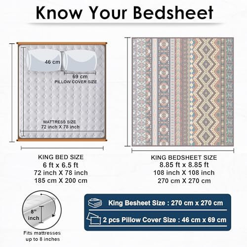 Story@Home Bedsheet For Double Bed King Size 240Tc Satin Finish, Microfiber Bedsheet King Size 270Cm X 270Cm With 2 Pillow Covers, Beige & Black Aztec Design | Perfect For Home Decor