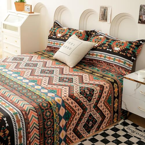 Story@Home Bedsheet For Double Bed King Size 240Tc Satin Finish, Microfiber Bedsheet King Size 270Cm X 270Cm With 2 Pillow Covers, Beige & Black Aztec Design | Perfect For Home Decor