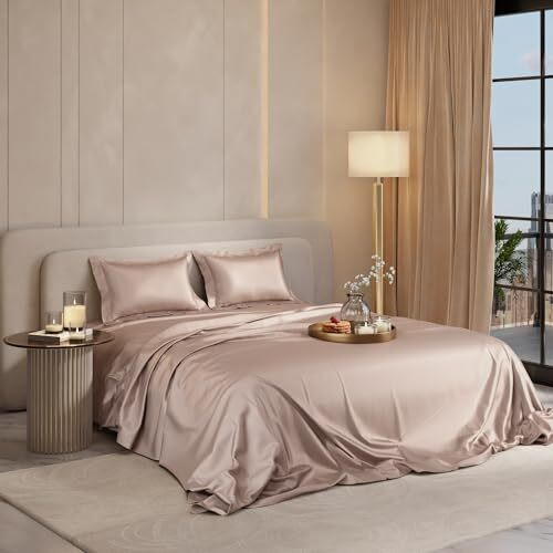 Stoa Paris Satin Bedsheet King Size With 2 Pillow Covers, 300Tc Premium Bedsheets King Size, Home Decor, Ultimate Comfort, 274 Cm X 228 Cm, Date Night -Champagne