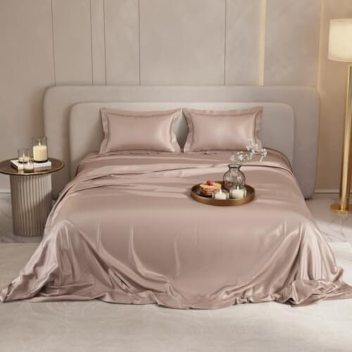 Stoa Paris Satin Bedsheet King Size With 2 Pillow Covers, 300Tc Premium Bedsheets King Size, Home Decor, Ultimate Comfort, 274 Cm X 228 Cm, Date Night -Champagne