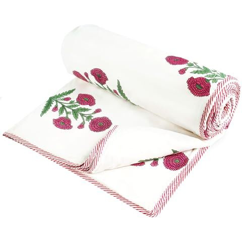 Indigo & Poppy Home Linen Cotton Reversible Dohar Single Bed Size | Jaipuri Printed Artisan Block Design Blanket | Soft Lightweight Ac Comforter Quilt (56&quotX88",Sada Bahar) Pack Of 1, 240 Tc
