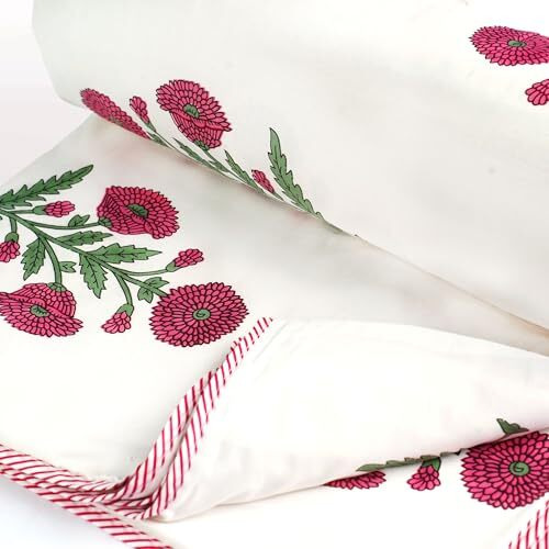 Indigo & Poppy Home Linen Cotton Reversible Dohar Single Bed Size | Jaipuri Printed Artisan Block Design Blanket | Soft Lightweight Ac Comforter Quilt (56&quotX88",Sada Bahar) Pack Of 1, 240 Tc