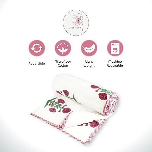 Indigo & Poppy Home Linen Cotton Reversible Dohar Single Bed Size | Jaipuri Printed Artisan Block Design Blanket | Soft Lightweight Ac Comforter Quilt (56&quotX88",Sada Bahar) Pack Of 1, 240 Tc