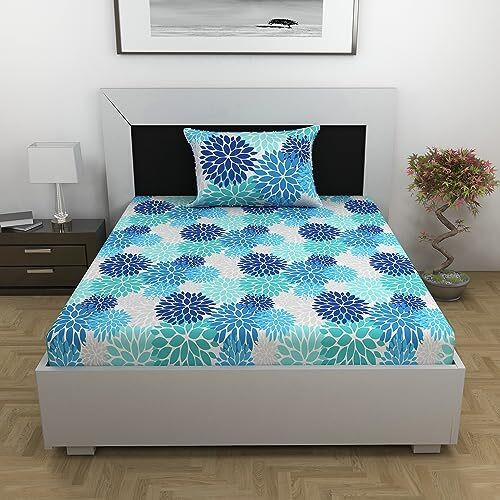 Divine Casa 100% Cotton Bedsheet For Single Bed, 144 Tc Bedsheet Single Size Bed Cotton With 1 Pillow Cover (145 X 223 Cm, Blue, Floral)