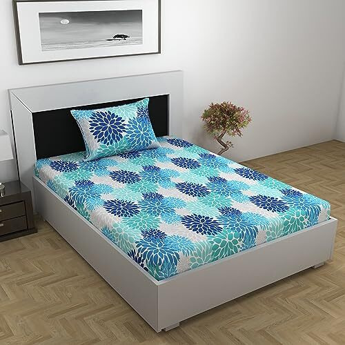 Divine Casa 100% Cotton Bedsheet For Single Bed, 144 Tc Bedsheet Single Size Bed Cotton With 1 Pillow Cover (145 X 223 Cm, Blue, Floral)