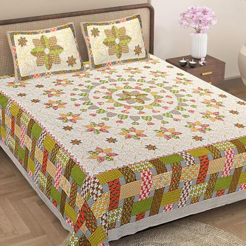 Jaipur Weaves Bedsheet King Size 100% Pure Cotton Bed Sheet With 2 Pillow Covers, Super Soft Cozy Bedsheets Set,108X108 Inches/ 9Ftx9Ft (Floral Mandala Green, Super King)
