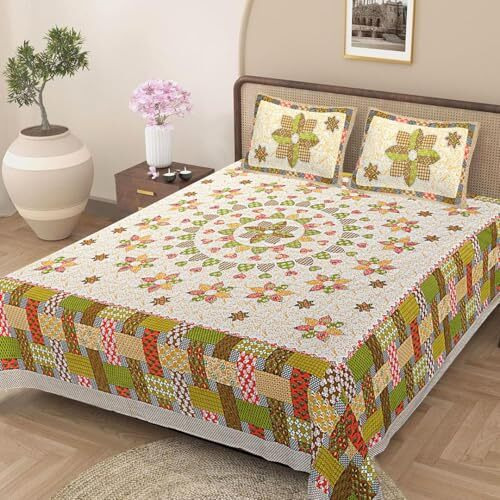 Jaipur Weaves Bedsheet King Size 100% Pure Cotton Bed Sheet With 2 Pillow Covers, Super Soft Cozy Bedsheets Set,108X108 Inches/ 9Ftx9Ft (Floral Mandala Green, Super King)