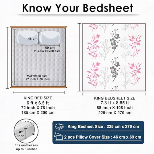 Story@Home Bedsheet For King Size Bed | 210Tc | White | Floral | 1 Piece Cotton Bedsheets For King Size Bed With 2 Pillow Covers (270 X270Cm) Perfect For Festive Gifting | 100% Cotton Bedsheet