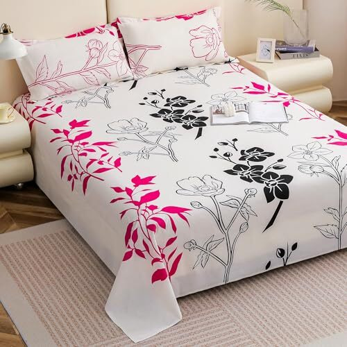 Story@Home Bedsheet For King Size Bed | 210Tc | White | Floral | 1 Piece Cotton Bedsheets For King Size Bed With 2 Pillow Covers (270 X270Cm) Perfect For Festive Gifting | 100% Cotton Bedsheet