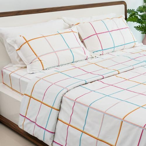 Haus & Kinder 100% Cotton Bedsheet For King Size Bed,186 Tc Soft Cotton Bedsheet For Double Bed, King Size Bed Sheet With 2 Pillow Covers,Rainbow Checks