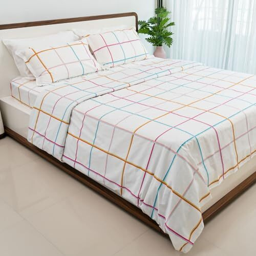 Haus & Kinder 100% Cotton Bedsheet For King Size Bed,186 Tc Soft Cotton Bedsheet For Double Bed, King Size Bed Sheet With 2 Pillow Covers,Rainbow Checks