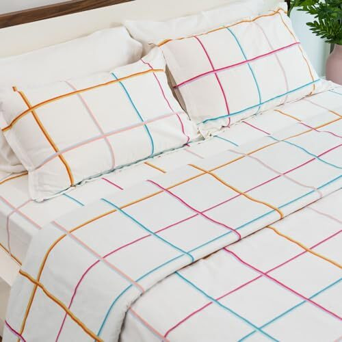 Haus & Kinder 100% Cotton Bedsheet For King Size Bed,186 Tc Soft Cotton Bedsheet For Double Bed, King Size Bed Sheet With 2 Pillow Covers,Rainbow Checks