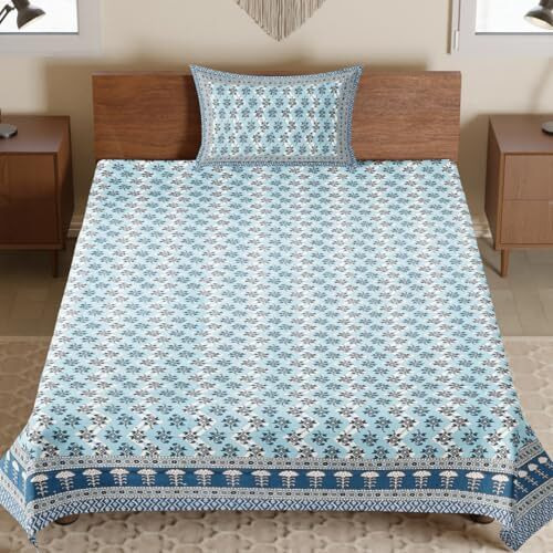 Jaipur Weaves 100% Pure Cotton Bedsheet For Single Bed, 1 Single Bedsheet With 1 Pillow Cover | 180 Tc Single Bedsheet Cotton | 90X60 Inches |Single,Floral Sapphire Blue