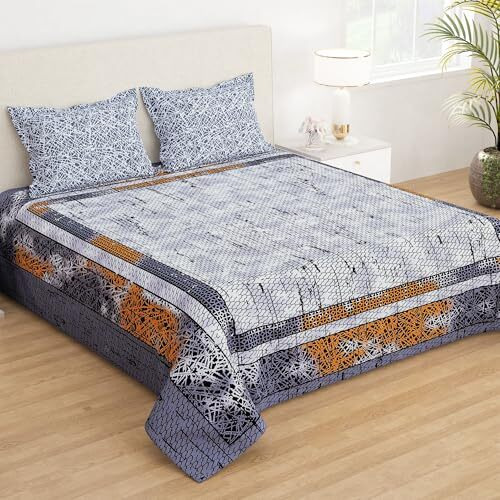 Story@Home 210 Tc Rajasthani Print Glace Cotton Double Bedsheet With 2 King Size Pillow Cover (225 Cmx 250 Cm)- Grey