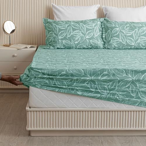 Homemonde All Around Elastic Fitted Bedsheet 84 X 78 Inch Cotton 210 Tc Printed Wrinkle Free King Size Bed Bedsheets With 2 Pillow Covers, Aqua Blue