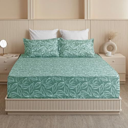 Homemonde All Around Elastic Fitted Bedsheet 84 X 78 Inch Cotton 210 Tc Printed Wrinkle Free King Size Bed Bedsheets With 2 Pillow Covers, Aqua Blue