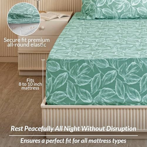 Homemonde All Around Elastic Fitted Bedsheet 84 X 78 Inch Cotton 210 Tc Printed Wrinkle Free King Size Bed Bedsheets With 2 Pillow Covers, Aqua Blue