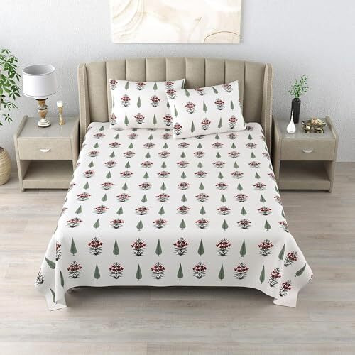 De Cama Since 1997 | 100% Cotton 300 Tc Premium King Size Bedsheet For Double Bed (108 X 108 Inch) With 2 Pillow Covers Set (17 X 27 Inch) Designer Printed Bedsheet Set - Dark Red
