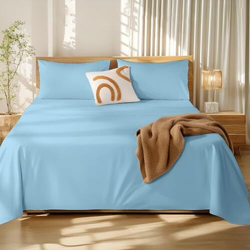 Bedsheet For Double Bed - Flat Bedsheets Include Pillowcase - Breathable Wrinkle, Fade Resistant & Cooling Sheets - Light Blue