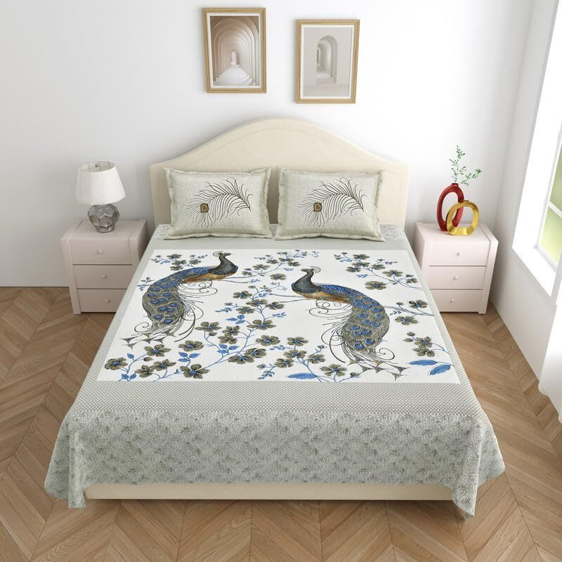 Kotts & Stitch Jaipuri Peacock Maharaja Cotton Double Bedsheet | With 2 Pillow Covers | 93X108, Fast Colors, Traditional Jaipuri Print, No Skrinage, 210 Tc | Grey, Blue & Beige Colour