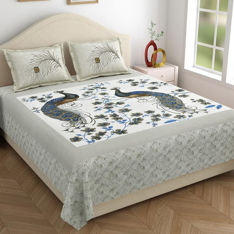 Kotts & Stitch Jaipuri Peacock Maharaja Cotton Double Bedsheet | With 2 Pillow Covers | 93X108, Fast Colors, Traditional Jaipuri Print, No Skrinage, 210 Tc | Grey, Blue & Beige Colour