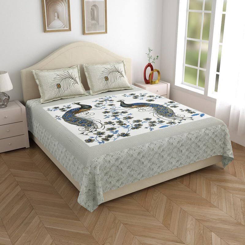 Kotts & Stitch Jaipuri Peacock Maharaja Cotton Double Bedsheet | With 2 Pillow Covers | 93X108, Fast Colors, Traditional Jaipuri Print, No Skrinage, 210 Tc | Grey, Blue & Beige Colour