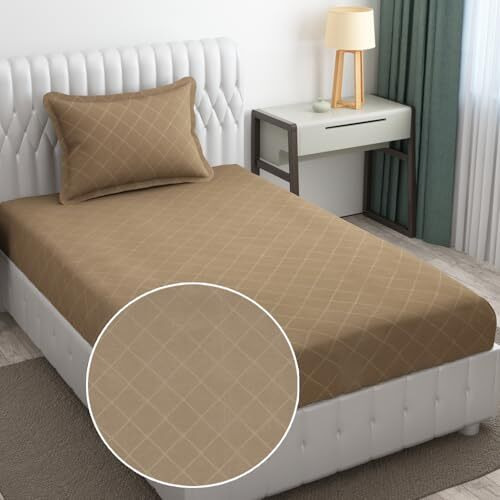 Fresh From Loom Single Bedsheet - Microfiber Rotary Printed, Hypoallergenic, Wrinkle Free With 1 Pillow Covers (60 X 90 Inches | Dark Beige, Barfi Design)