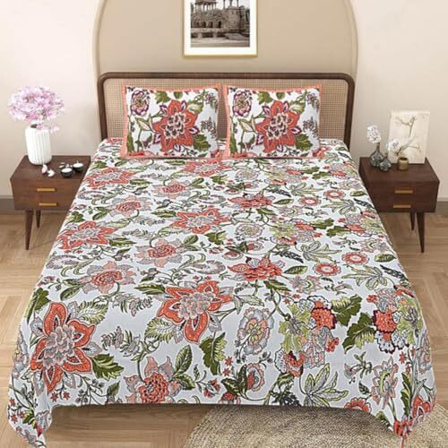 Jaipur Weaves Bedsheet For Double Bed Queen Size-100% Pure Cotton Floral Bed Sheet Set With 2 Pillow Covers,Soft Cozy Jaipuri Bedsheets Set,90X108 Inches(Floral Fantasy Brown,Floral,Queen),144 Tc