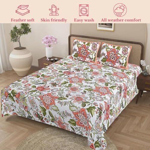 Jaipur Weaves Bedsheet For Double Bed Queen Size-100% Pure Cotton Floral Bed Sheet Set With 2 Pillow Covers,Soft Cozy Jaipuri Bedsheets Set,90X108 Inches(Floral Fantasy Brown,Floral,Queen),144 Tc