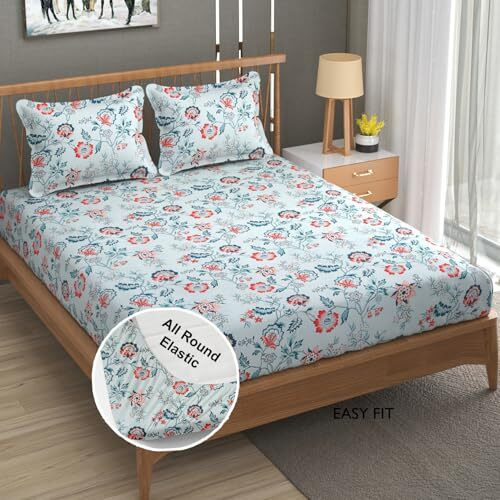Fresh From Loom King Size Microfiber Fitted Floral Print Bedsheet - 240 Tc, Hypoallergenic, Includes 2 Pillow Covers (Size - 78 X 72 Inches (Fits Up To 10 Inch)| Geyser, Floral Design, Multicolor)