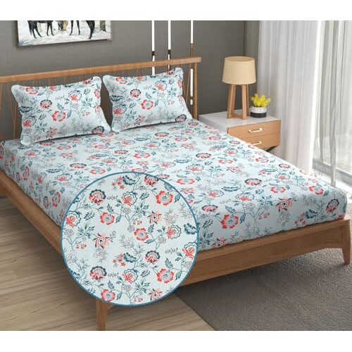 Fresh From Loom King Size Microfiber Fitted Floral Print Bedsheet - 240 Tc, Hypoallergenic, Includes 2 Pillow Covers (Size - 78 X 72 Inches (Fits Up To 10 Inch)| Geyser, Floral Design, Multicolor)