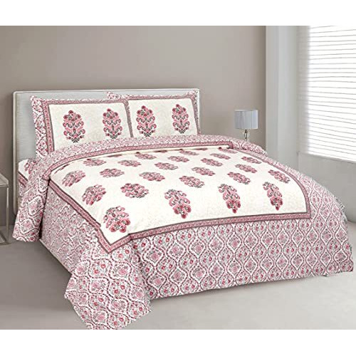 Elanorhomes Cotton King Size Bedsheet Double Bed (90X108) - Red Fulwari Print, 2 Pillow Covers, 180 Tc