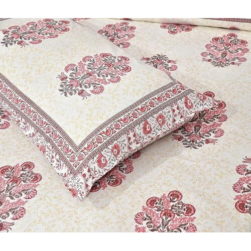 Elanorhomes Cotton King Size Bedsheet Double Bed (90X108) - Red Fulwari Print, 2 Pillow Covers, 180 Tc