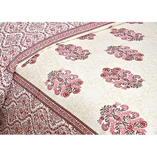 Elanorhomes Cotton King Size Bedsheet Double Bed (90X108) - Red Fulwari Print, 2 Pillow Covers, 180 Tc