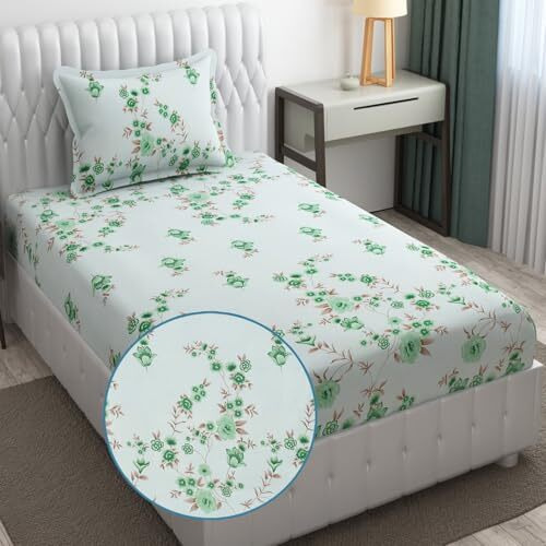 Fresh From Loom Floral Print 240 Tc Microfiber Single Bed Bedsheet Set With 1 Pillow Covers - Hypoallergenic & Soft (60 X 90 Inch | Cyan, Floral Design)