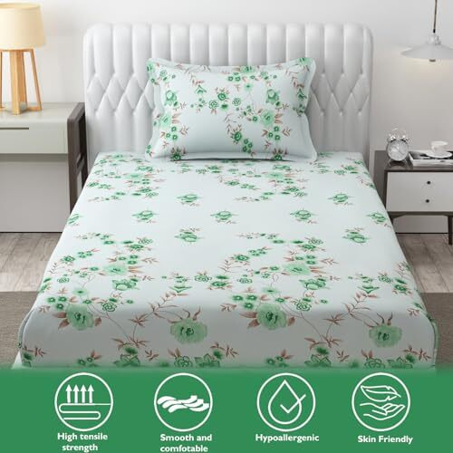Fresh From Loom Floral Print 240 Tc Microfiber Single Bed Bedsheet Set With 1 Pillow Covers - Hypoallergenic & Soft (60 X 90 Inch | Cyan, Floral Design)