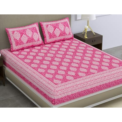 Sheetkart 144 Tc Cotton Printed Jaipuri Double Bedsheet With 2 Pillow Covers, Pink