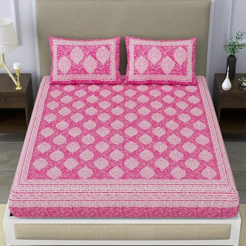 Sheetkart 144 Tc Cotton Printed Jaipuri Double Bedsheet With 2 Pillow Covers, Pink
