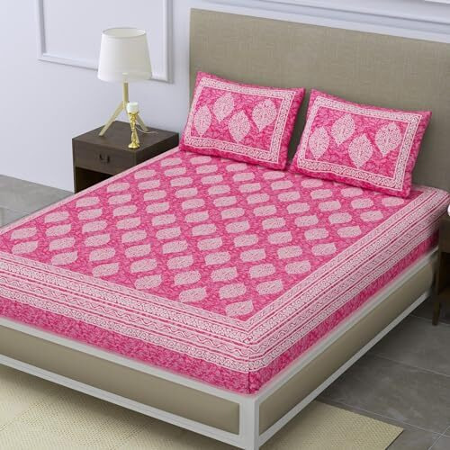 Sheetkart 144 Tc Cotton Printed Jaipuri Double Bedsheet With 2 Pillow Covers, Pink