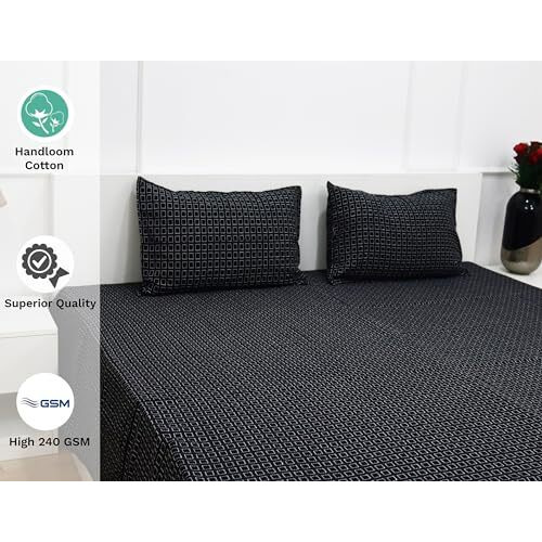 Theindiglobal 210 Tc Premium Handloom Cotton Double Bedsheet With 2 Pillow Covers, Handwoven Quilted Bed Cover 90 X 104 Inches, 240 Gsm, Black
