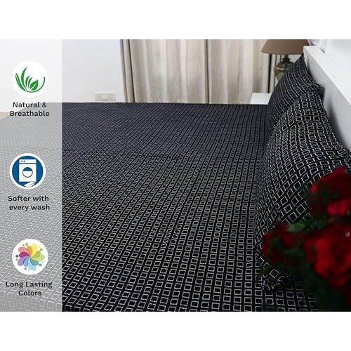 Theindiglobal 210 Tc Premium Handloom Cotton Double Bedsheet With 2 Pillow Covers, Handwoven Quilted Bed Cover 90 X 104 Inches, 240 Gsm, Black